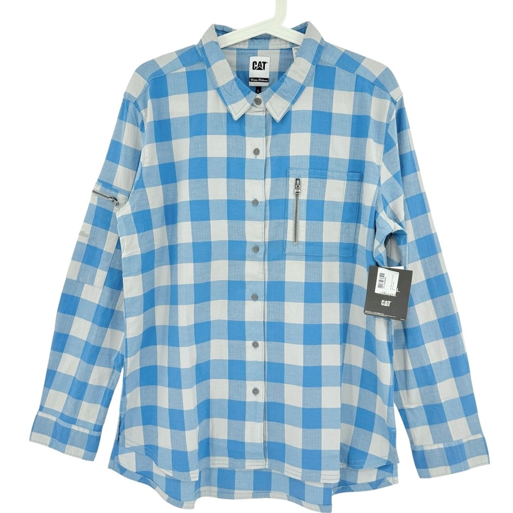 Caterpillar CAT Women's Megan Shirt Size Large Blue White Plaid Zip Pocket NWT